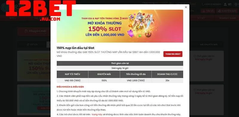 3 khuyến mãi nạp lần đầu tại 12BET - Tân thủ tham gia ngay 2 nạp đầu 150% tại sảnh slot game